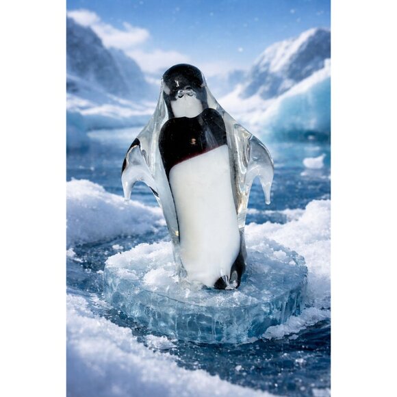 Hand Blown Art Glass Penguin Figurine Clear Encased Black White 4 1/2" - Picture 2 of 7